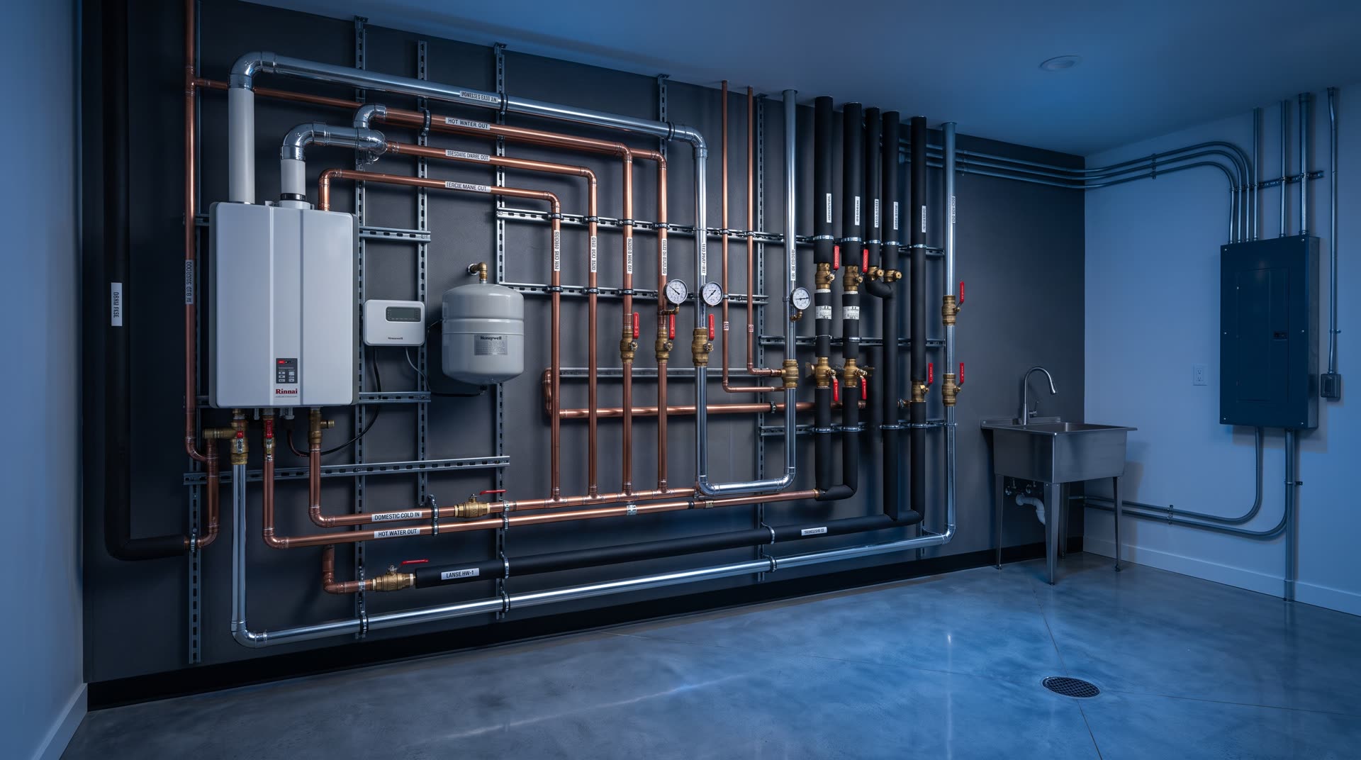 A spotless mechanical room with a tankless water heater and neatly labeled copper piping