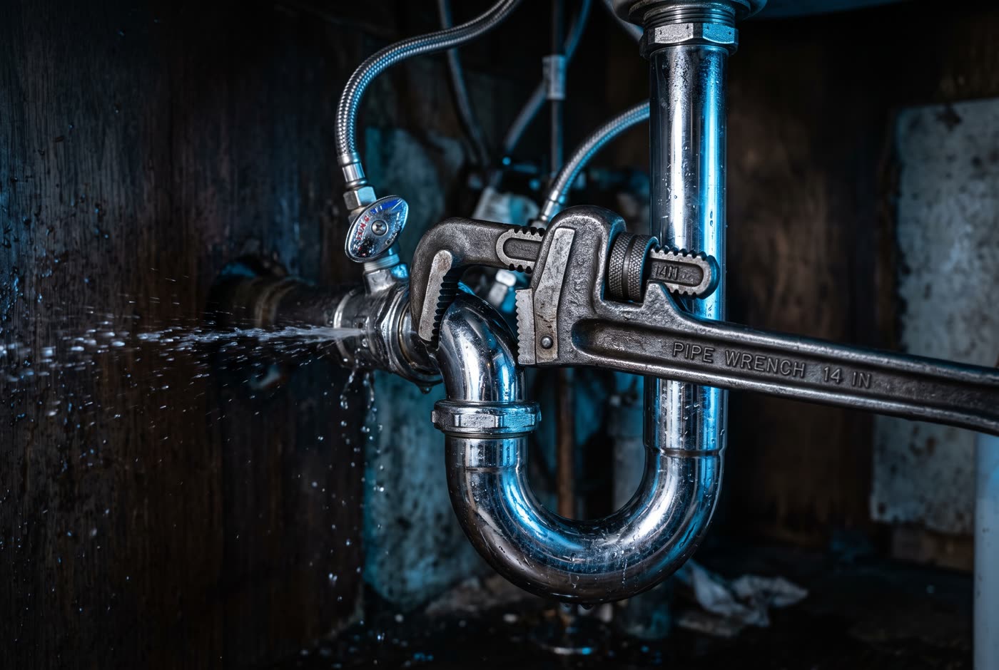 Chrome pipe wrench on a leaking under-sink pipe joint