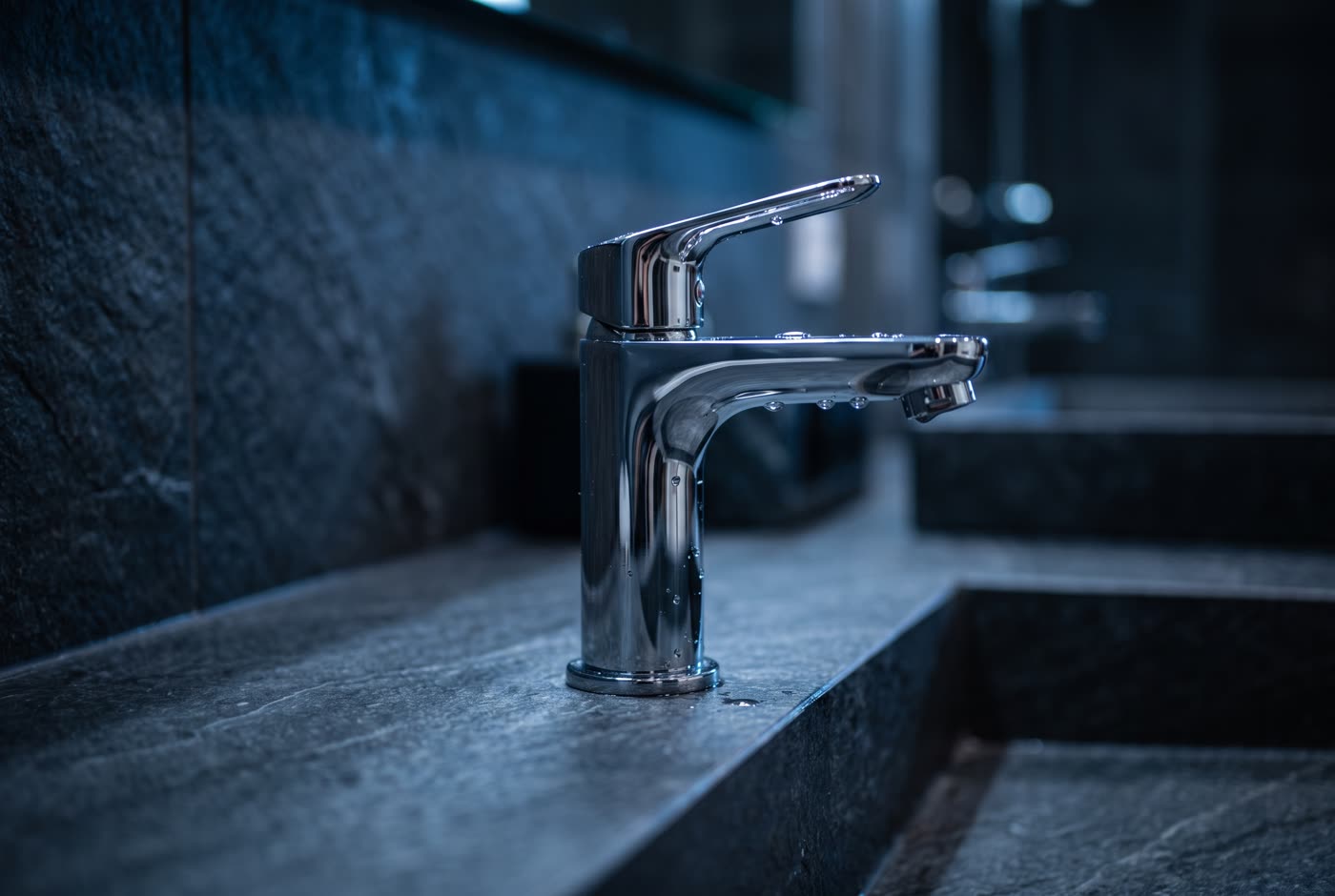 New sleek chrome bathroom faucet on a dark stone vanity