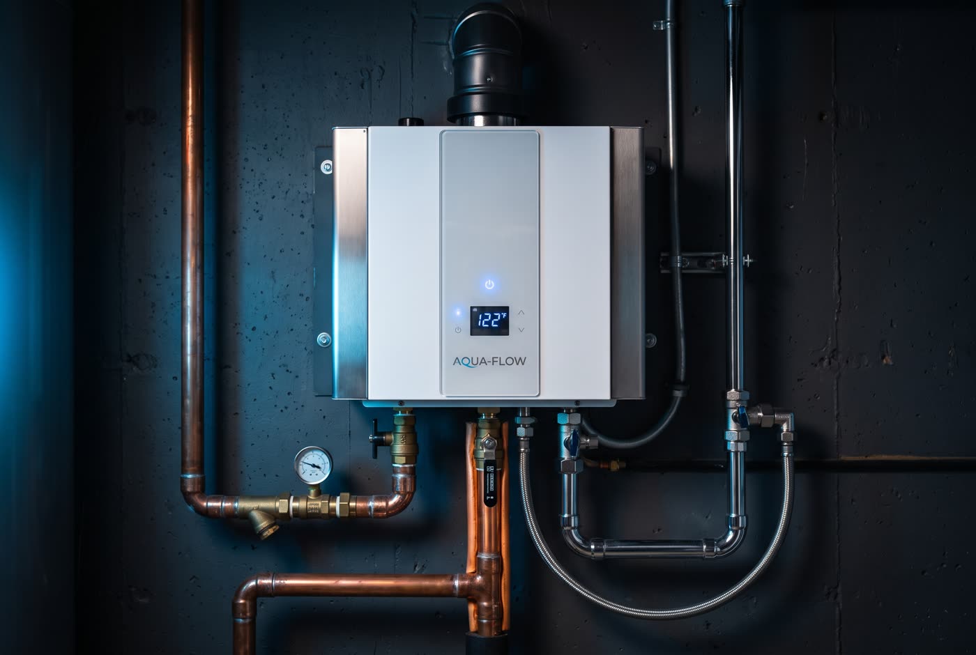 Modern wall-mounted tankless water heater with copper connections