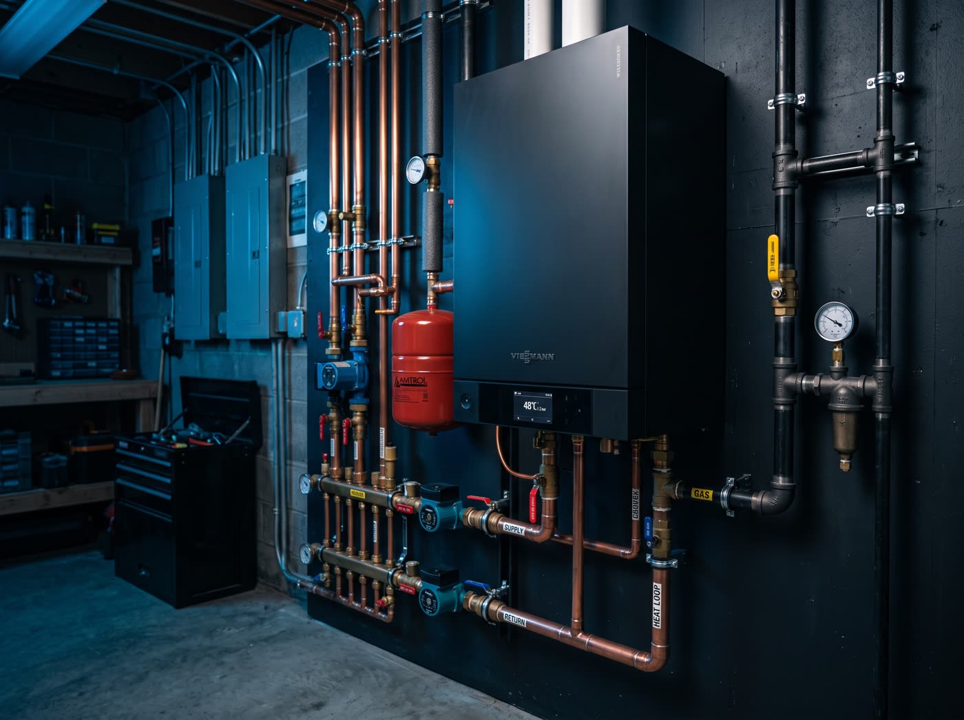 High-efficiency boiler with black gas piping and copper hydronic lines