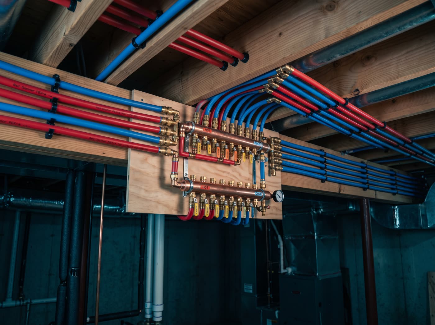 Whole-home repipe: parallel red and blue PEX lines to a copper manifold